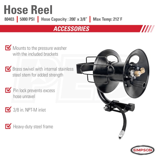 Simpson 80399 Black Steel Hose Reel for 3/8 x 100' Hi / Low Pressure